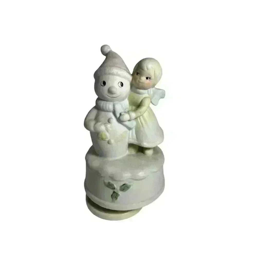 Musical Christmas Porcelain Bisque Girl with Snowman Figurine - Jingle Bells - Picture 2 of 10